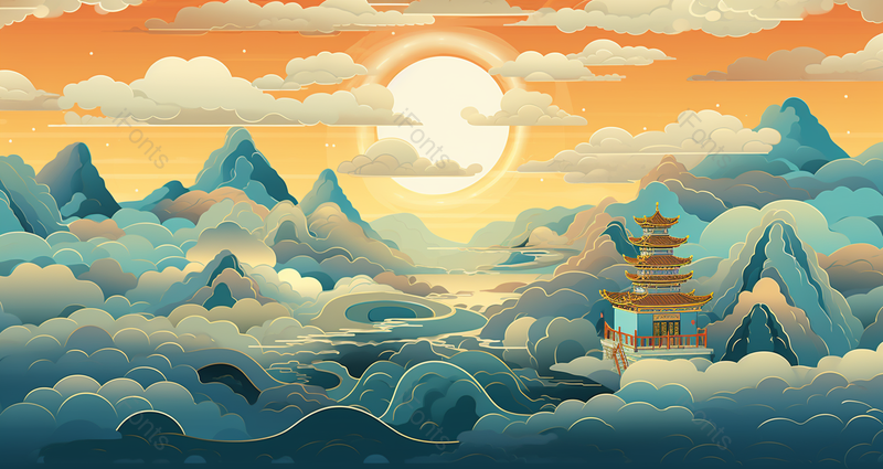 传统云纹国潮风景中国风山水插画背景,插画/手绘图,插画/手绘图库,插画/手绘图下载,插画/手绘